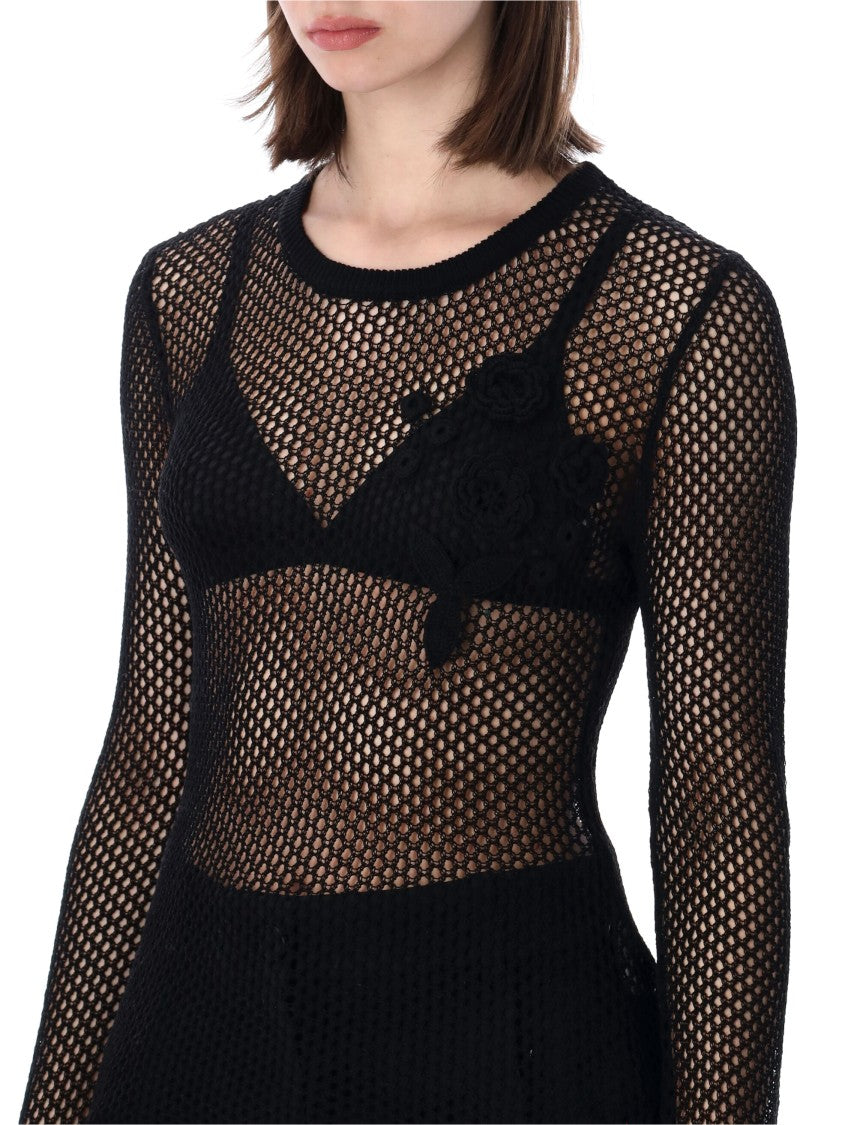 Ganni Fitted Long-Sleeve Pointelle Mesh Top With Floral Applique