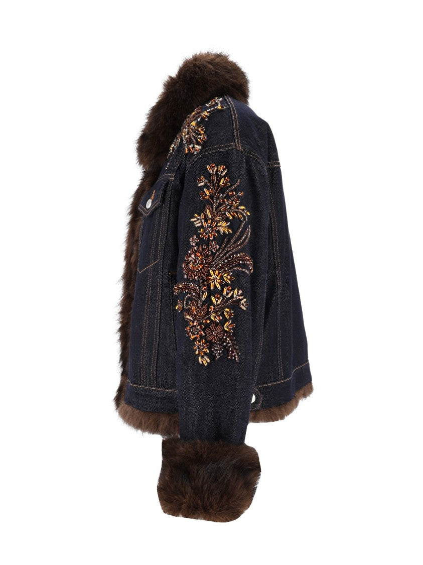 Ermanno Scervino Brown Faux Fur Trim Cropped Denim Jacket