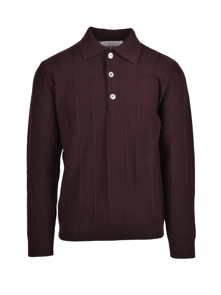 Amaranto Brown Wool Ribbed Knit Polo Shirt