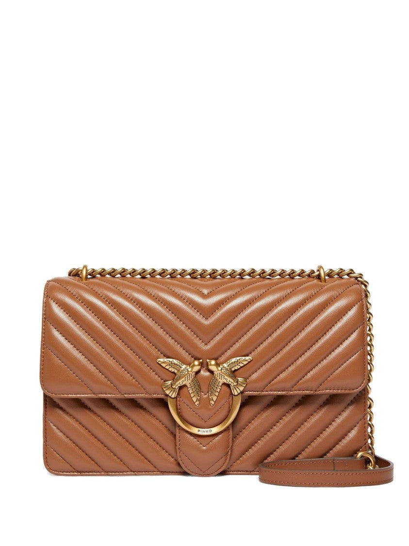 Pinko Chevron-Quilted Brown Shoulder Bag With Gold-Tone Clasp