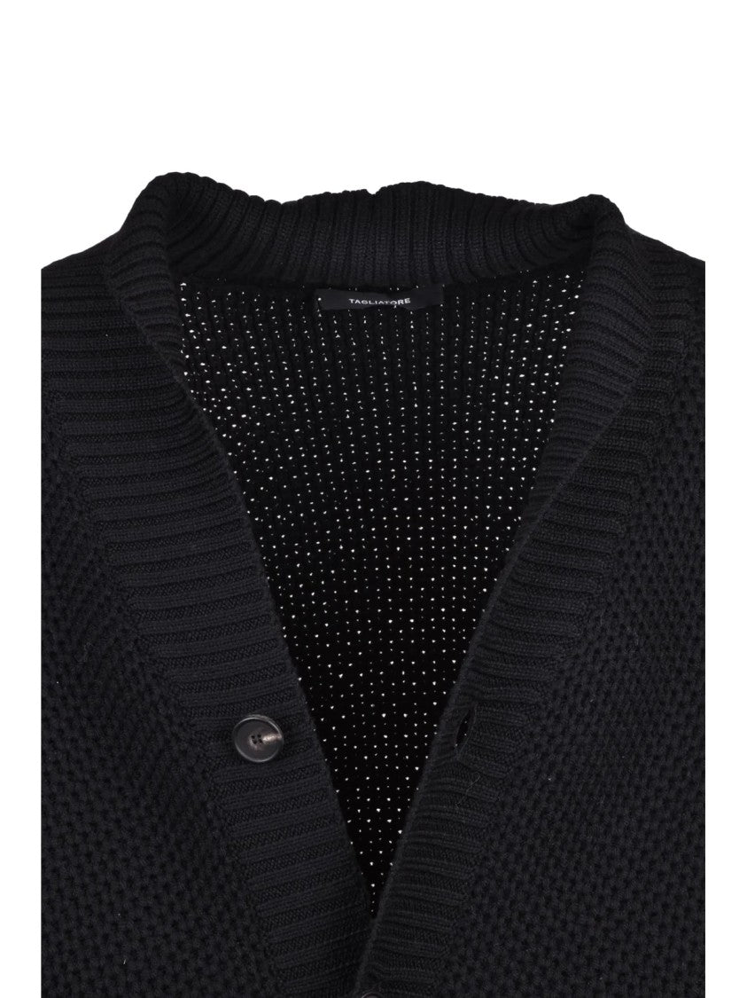 Tagliatore Black Textured Knit Virgin Wool V-Neck Cardigan