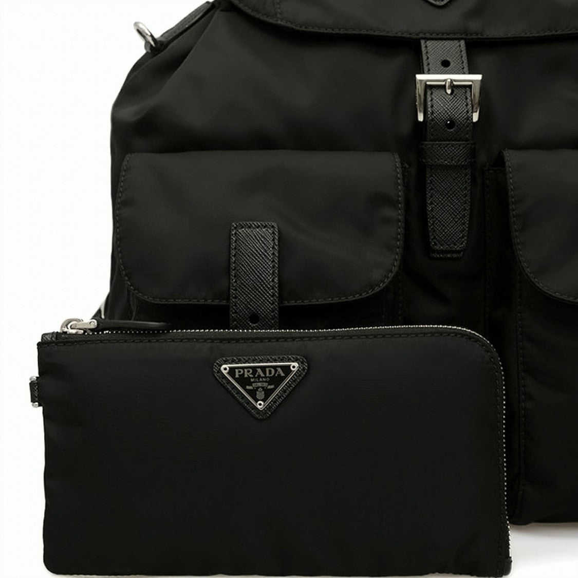 Prada Medium Nylon Backpack With Flap Closure And Pouch