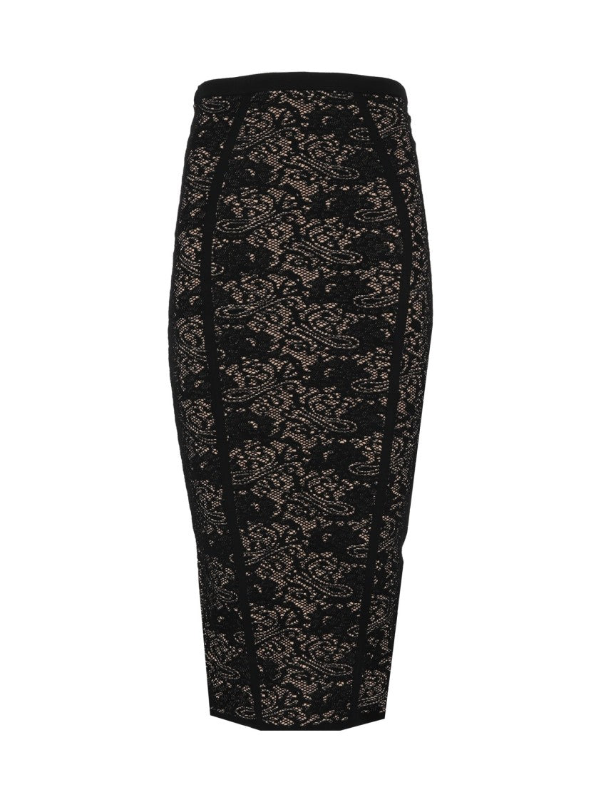 Elisabetta Franchi Black Lace Overlay Fitted Midi Skirt