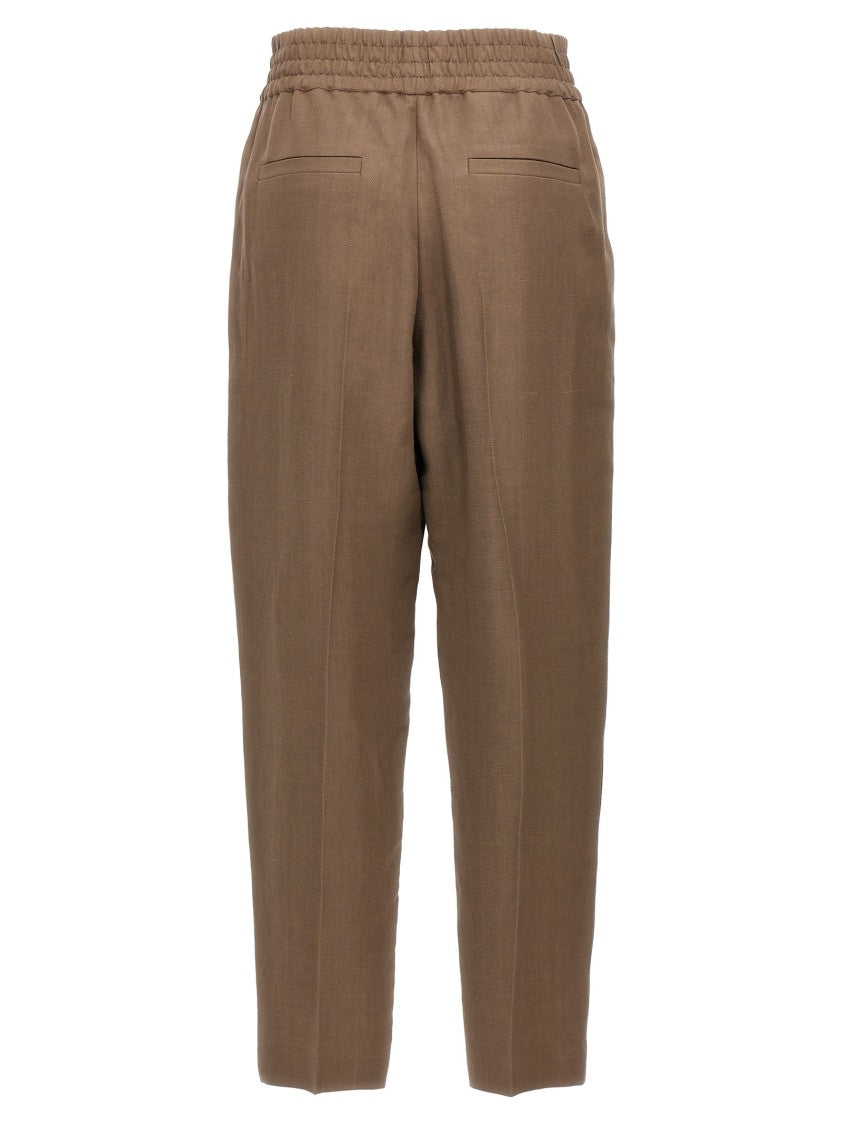 Brunello Cucinelli Brown Linen Blend Trousers With Elastic Waistband