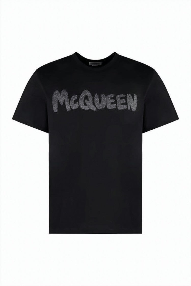 Alexander Mcqueen Boxy-Cut Black Cotton T-Shirt With Textured Logo Print