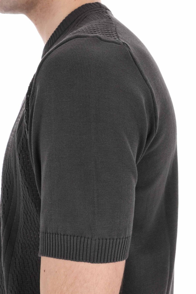 Drumohr Textured Black Knit T-Shirt With Ribbed Details
