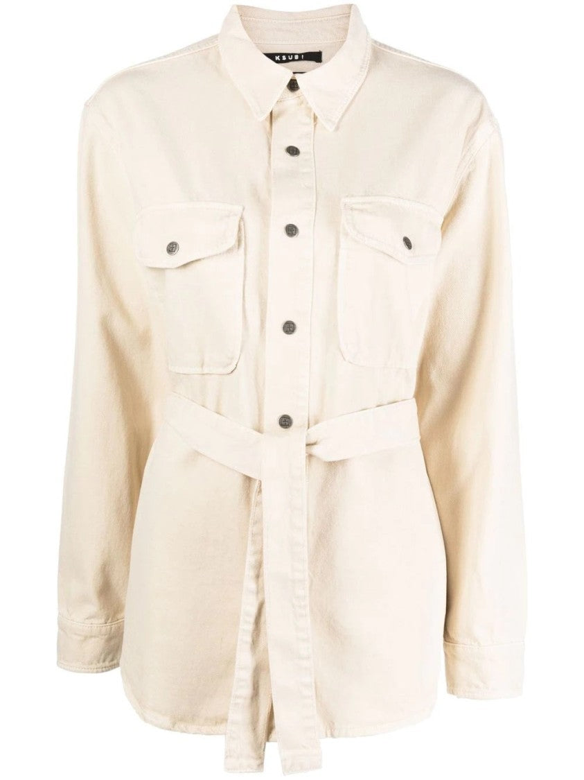 Ksubi Mallow White Voyager Shacket With Belted Waist And Metallic Accents