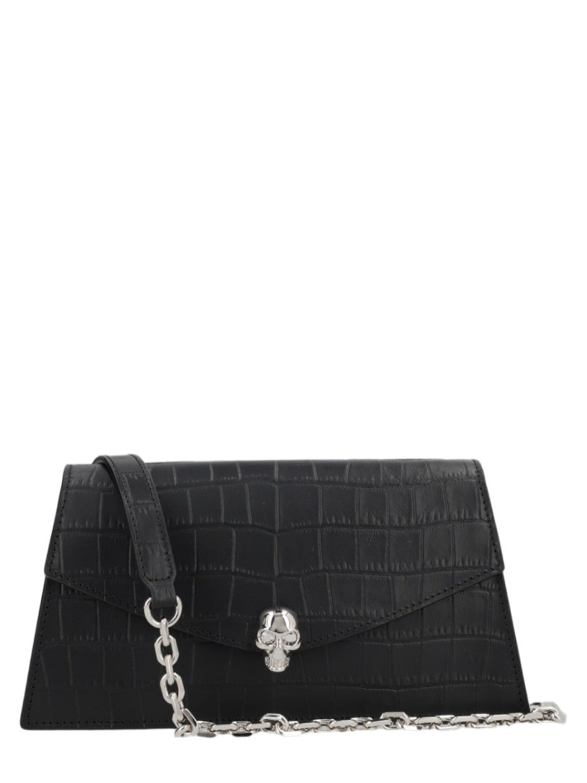 Alexander Mcqueen Mini Rectangular Clutch With Crocodile Pattern And Skull Detail