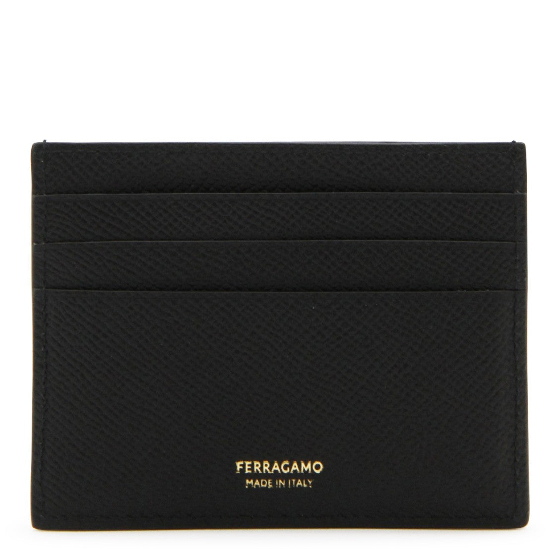 Ferragamo Textured Black Leather Card Holder With Gold-Tone Accents