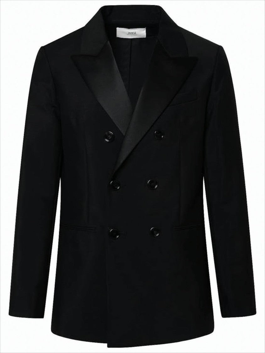 Ami Double-Breasted Mohair-Wool Blend Coat With Notched Lapels