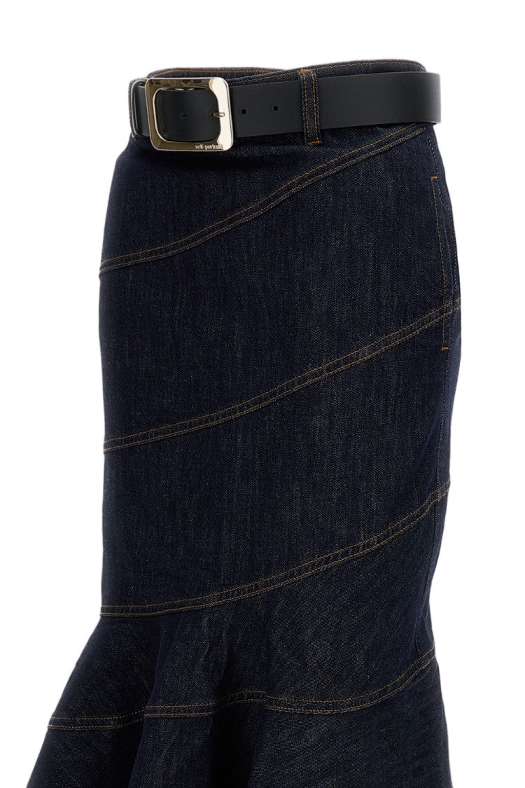 Self-Portrait Indigo Blue Denim Midi Skirt