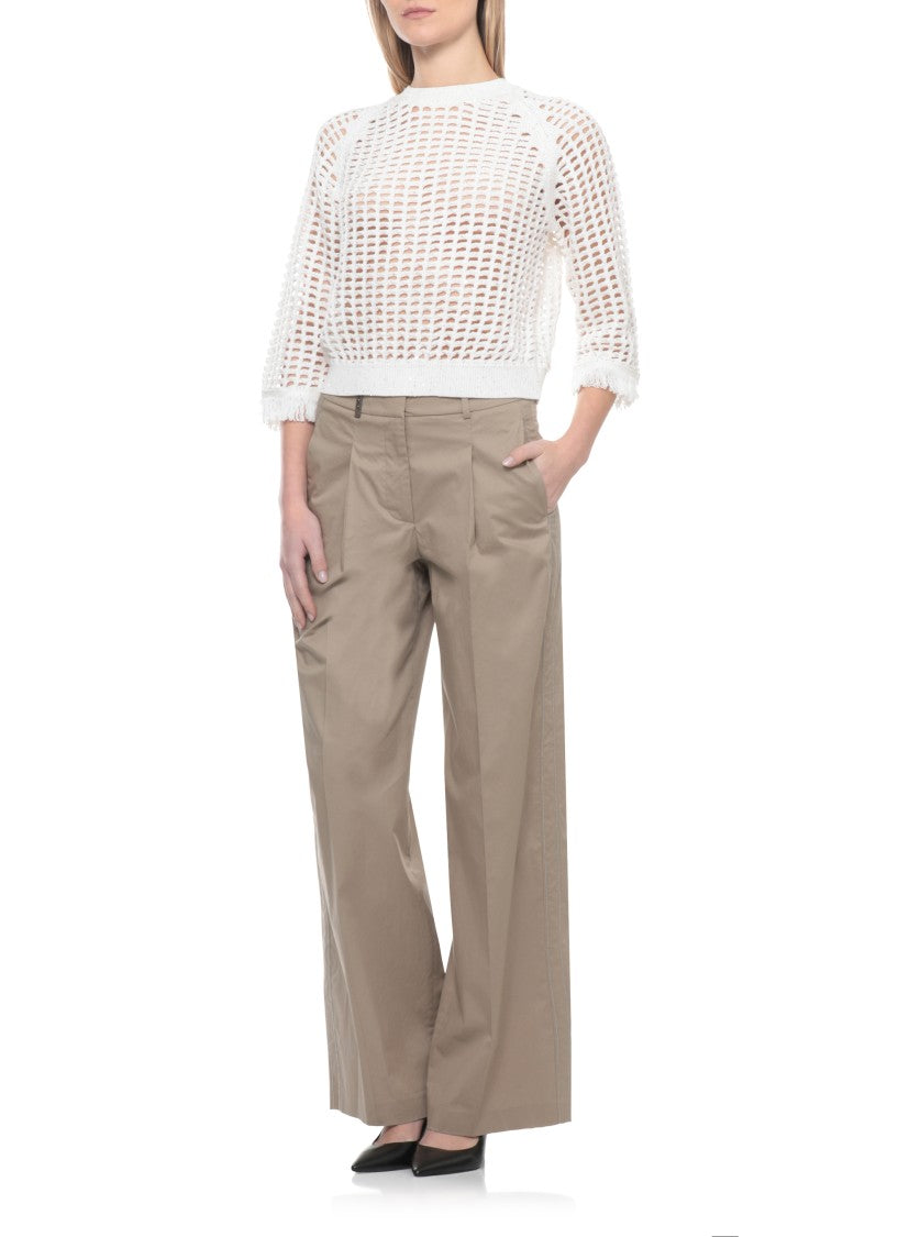 Peserico Ivory Cotton Sequin Perforated Sweater