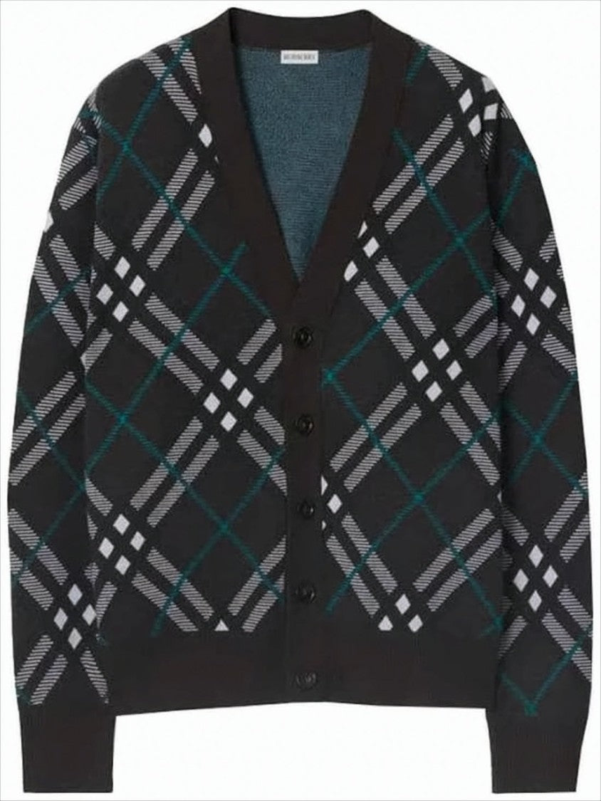Burberry Plaid Wool Blend Cardigan With V-Neck