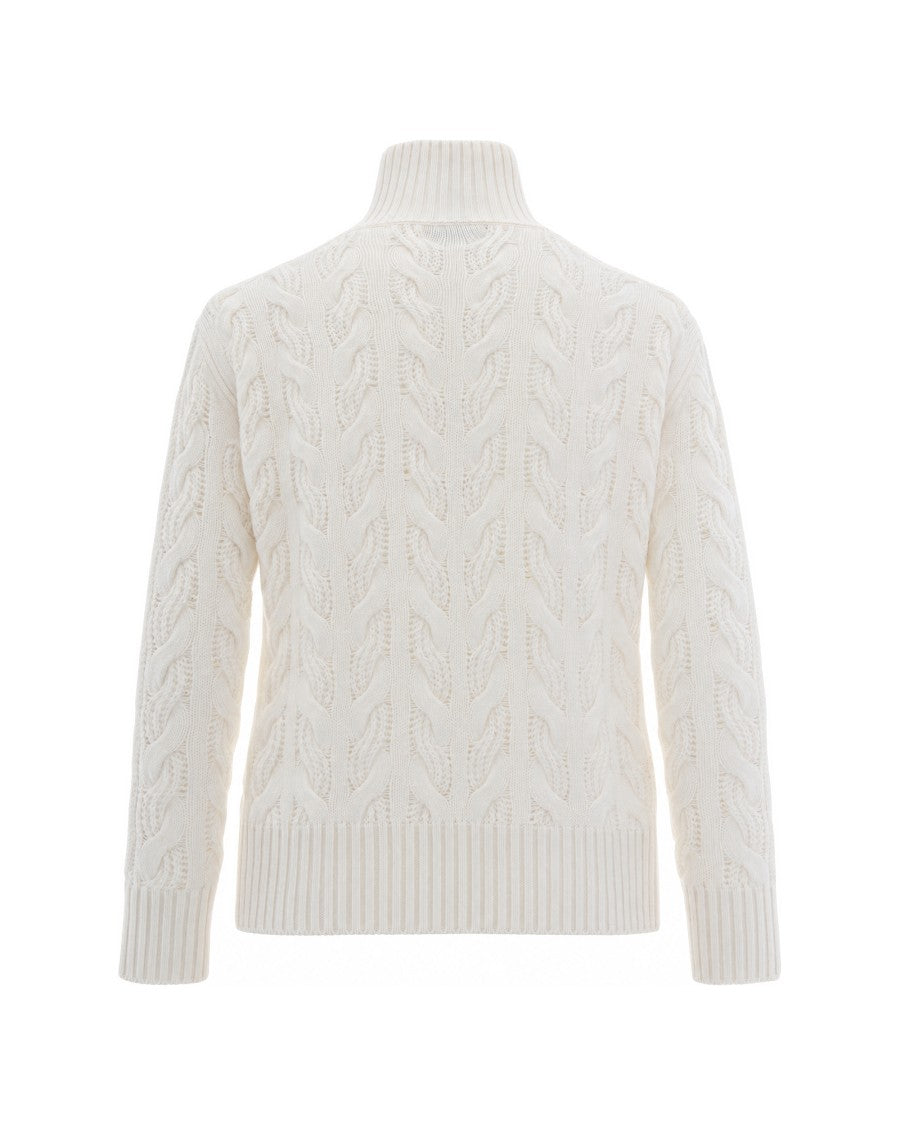 Max Mara White Colle Cable Knit Half-Zip High-Neck Sweater