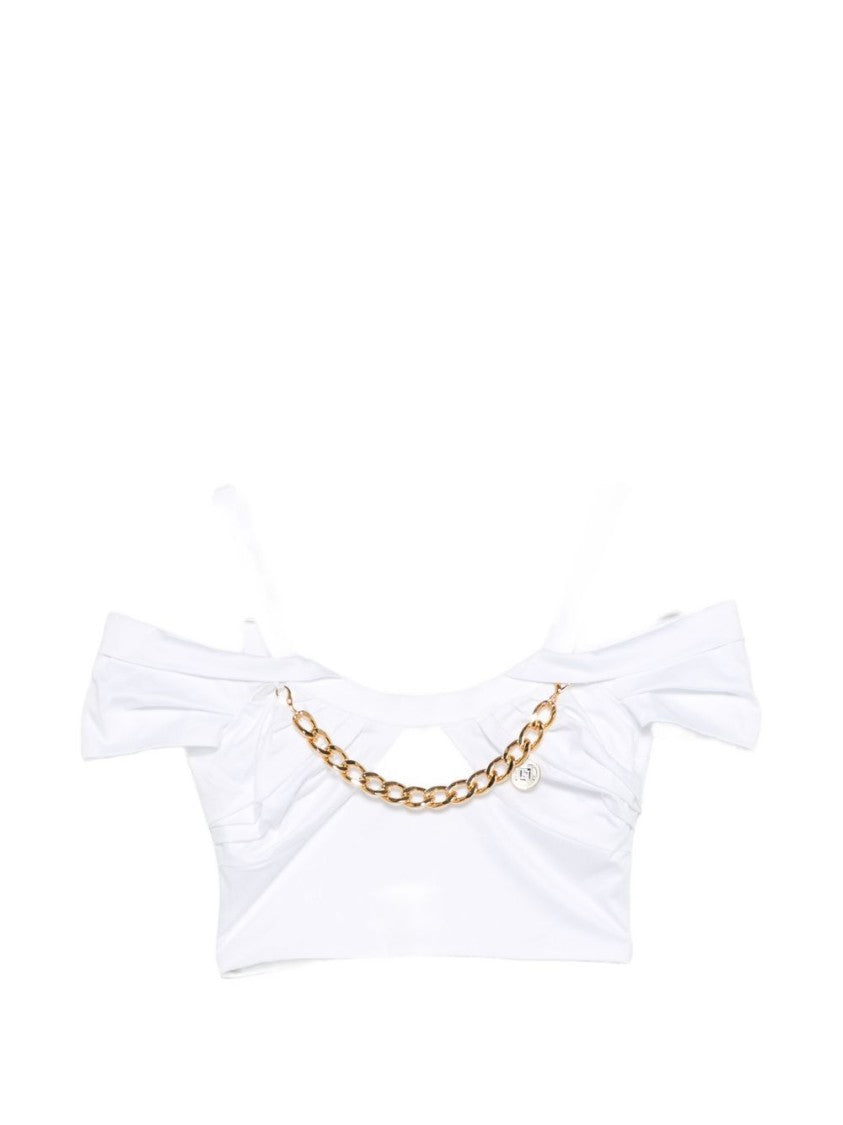 Elisabetta Franchi Cropped White Off-The-Shoulder Top