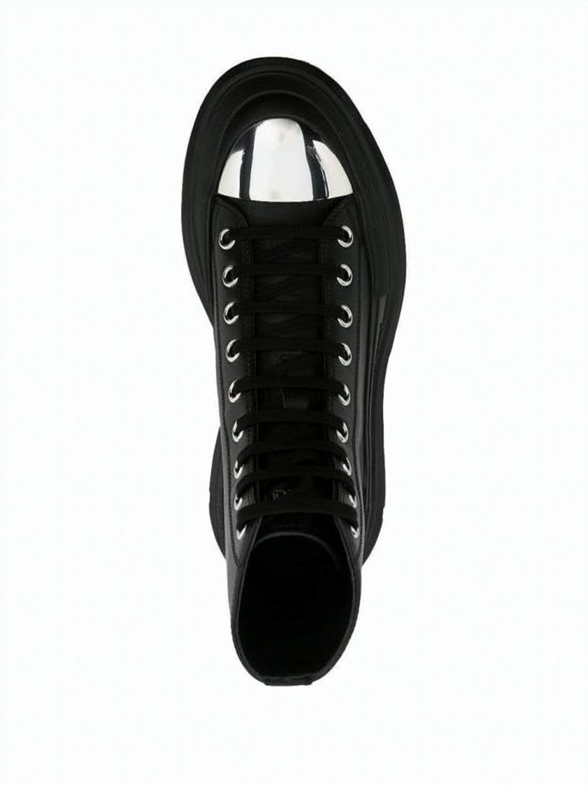 Alexander Mcqueen High-Top Rugged Leather Boots With Metallic Toe Cap