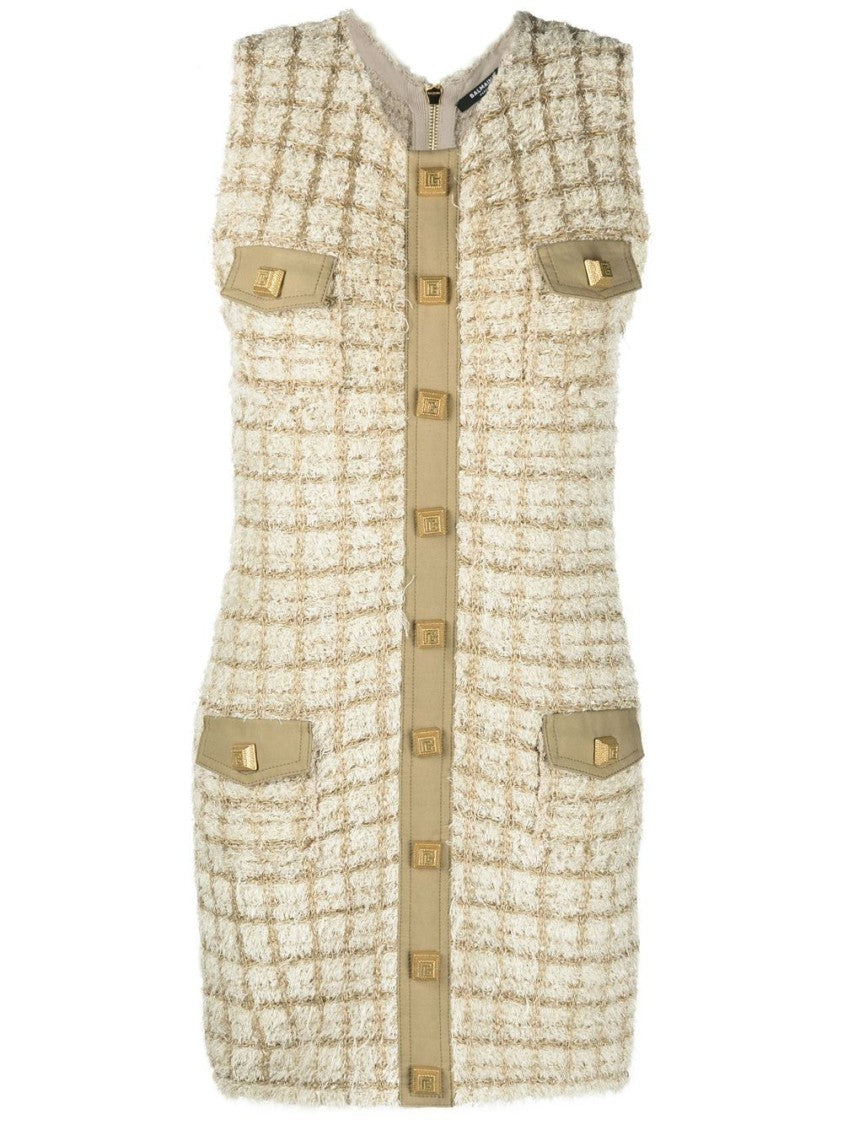 Balmain Checkered Tweed Short Sleeveless Mini Dress