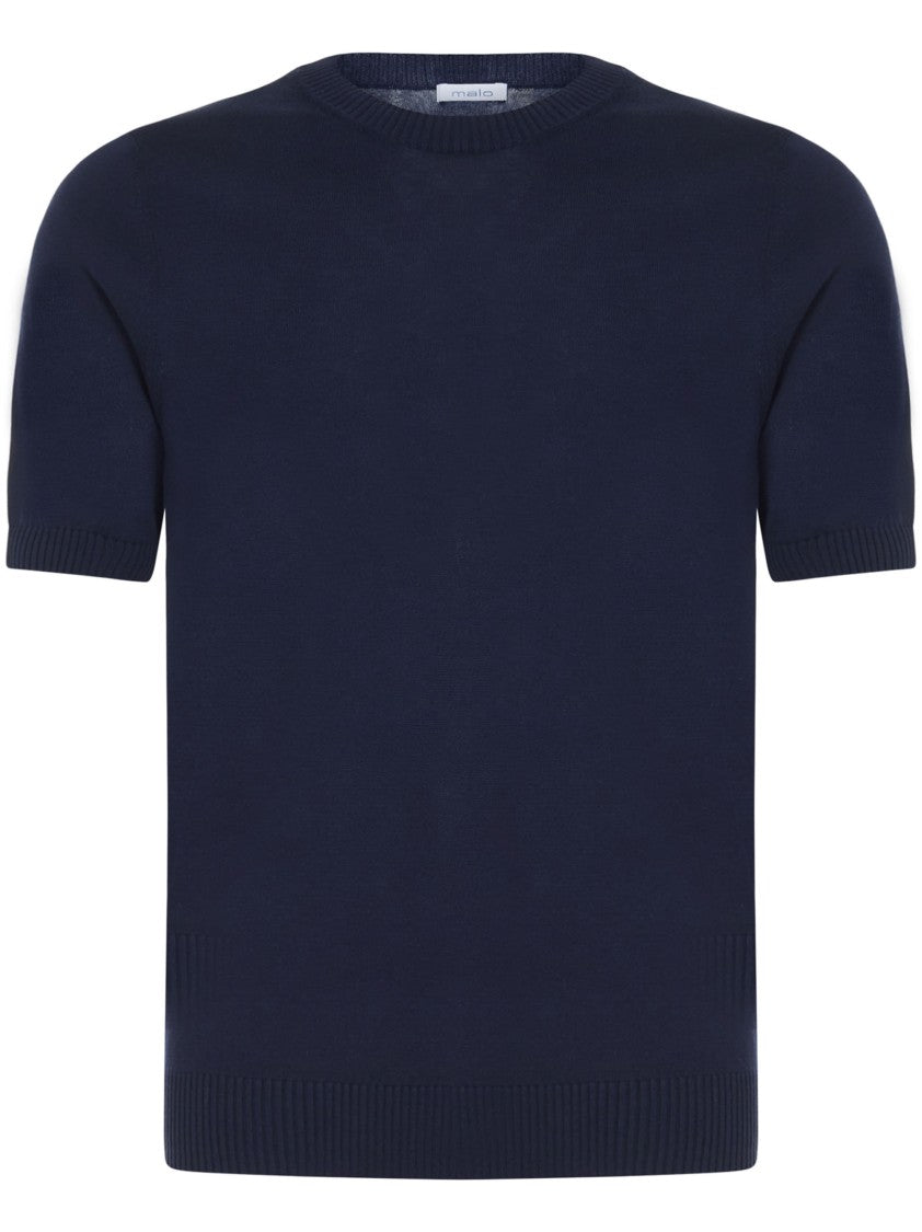 Malo Cotton Knit Short-Sleeved Sweater With Ribbed Trims