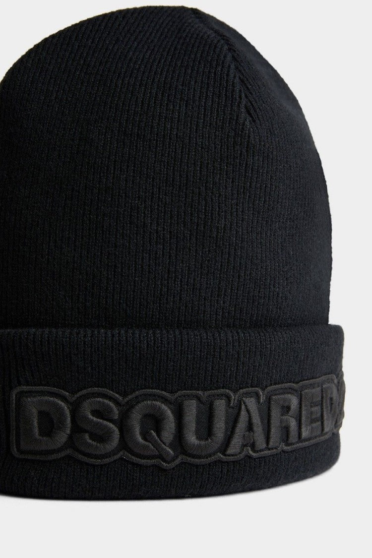 Dsquared2 Black Tonal Embossed Logo Folded Cuff Wool Beanie