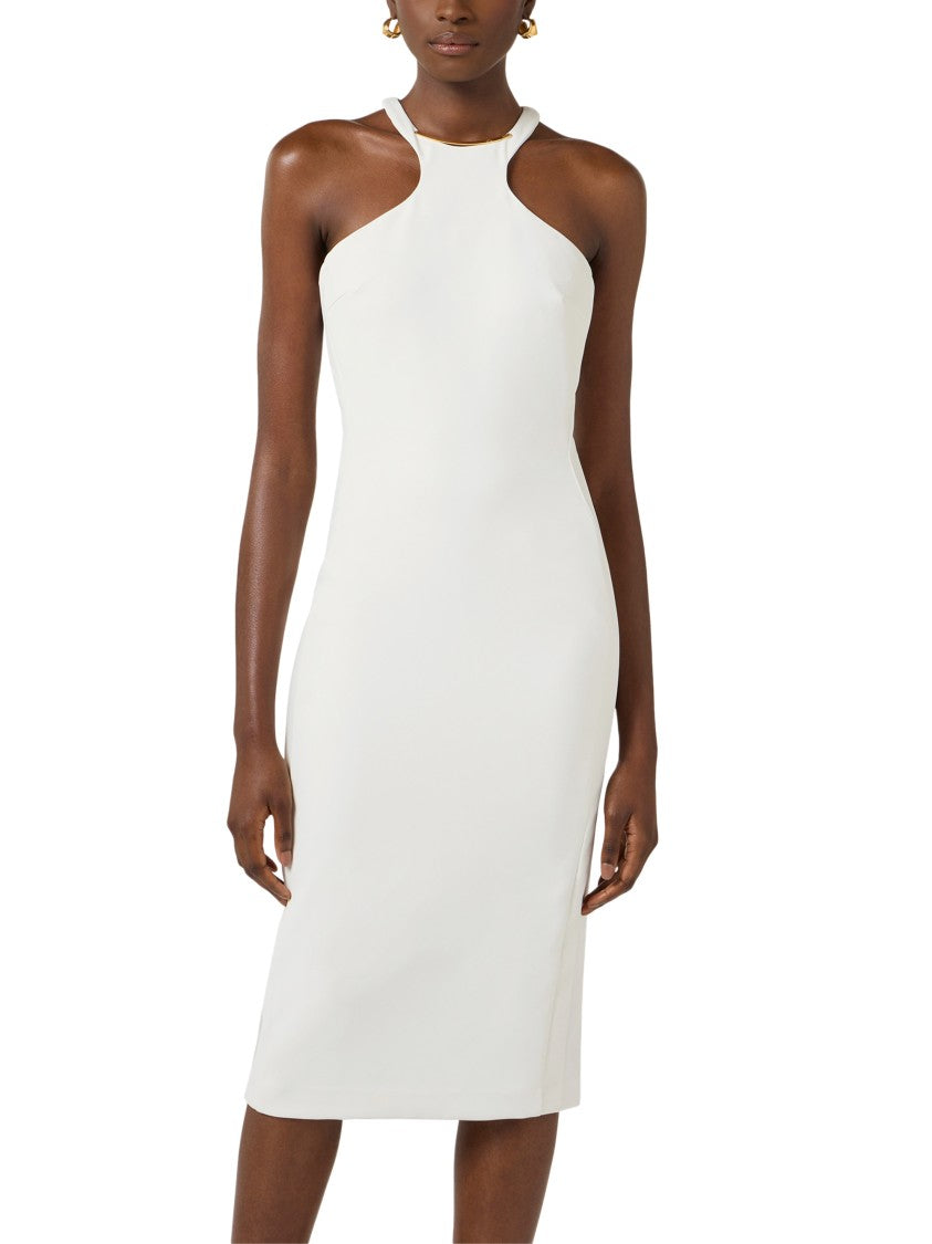 Elisabetta Franchi Form-Fitting White Midi Dress With High Neckline