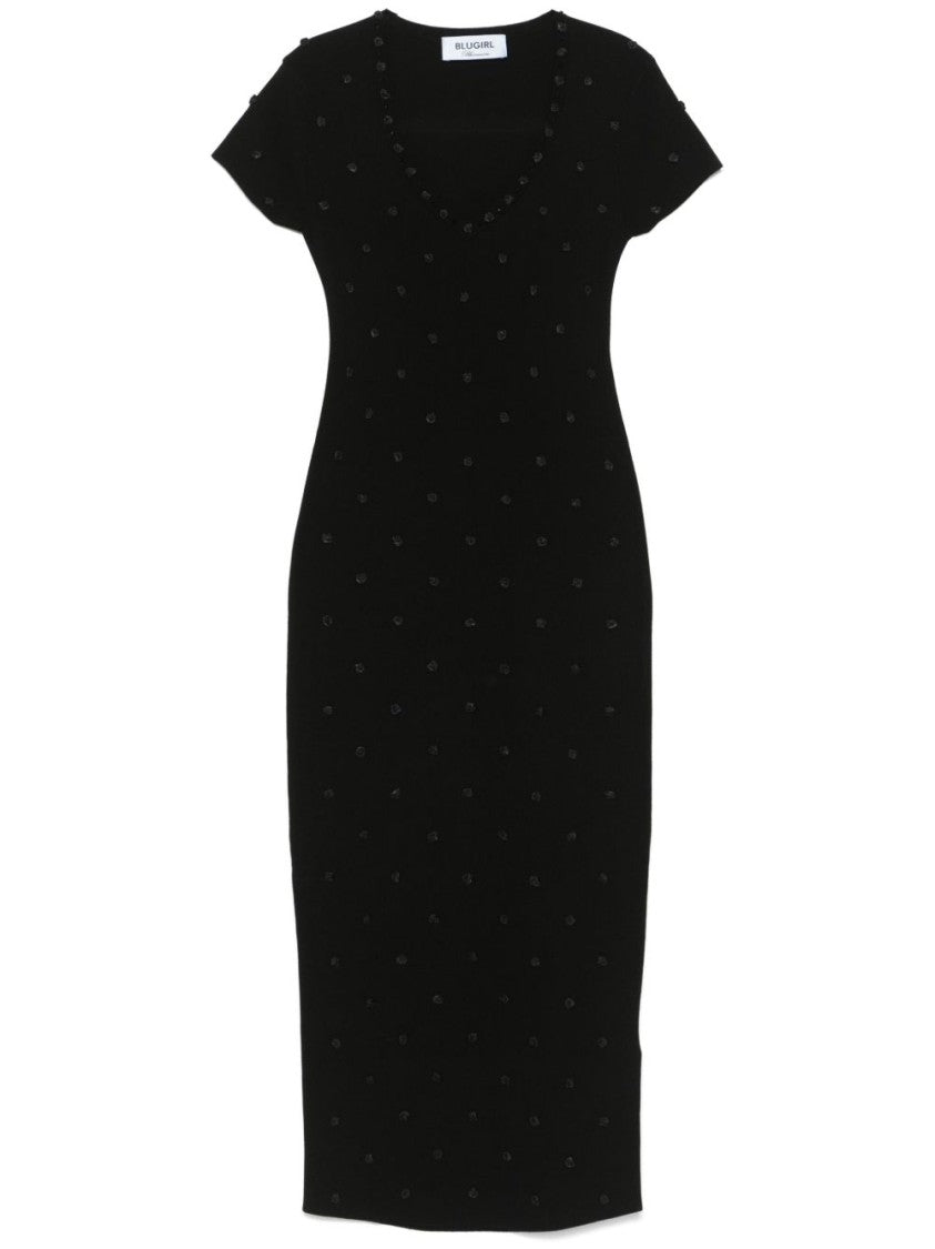 Blugirl Fitted Midi Dress With Short Sleeves And Floral Embellishments