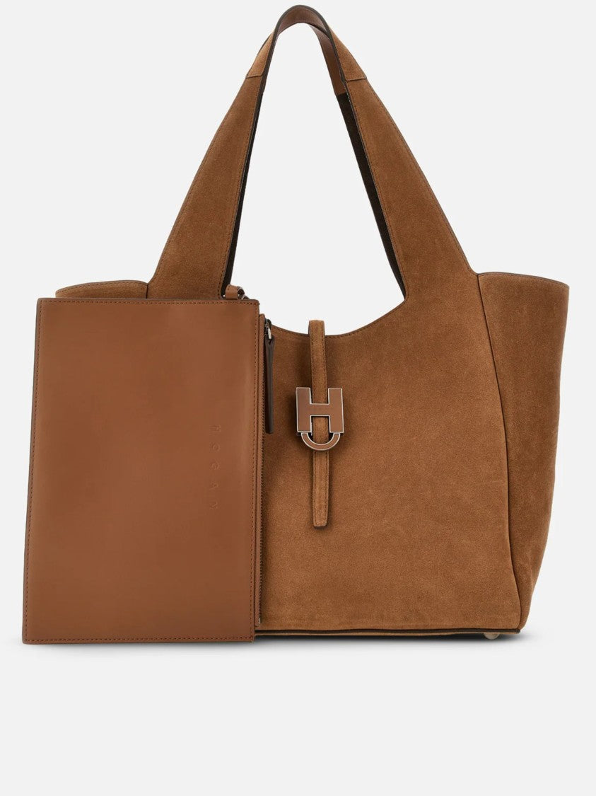 Hogan Warm Brown Suede H-Clasp Tote Bag