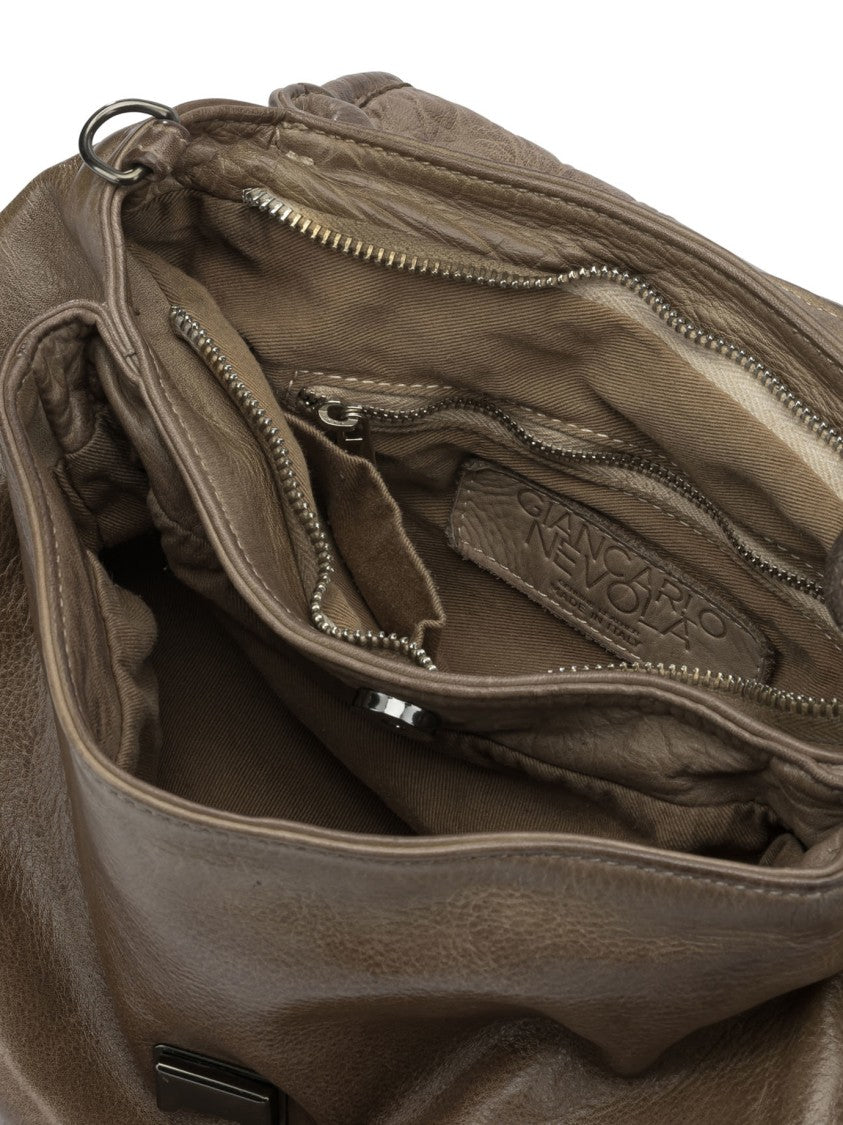 Giancarlo Nevola Medium Brown Leather Handbag With Woven Flap And Versatile Carrying Options