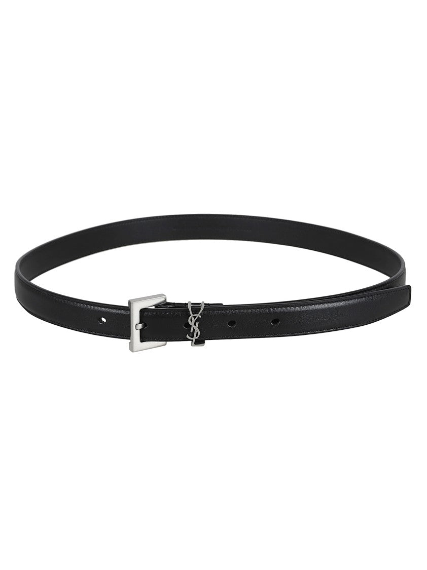 Saint Laurent Calfskin Black Belt With Silver-Tone Buckle