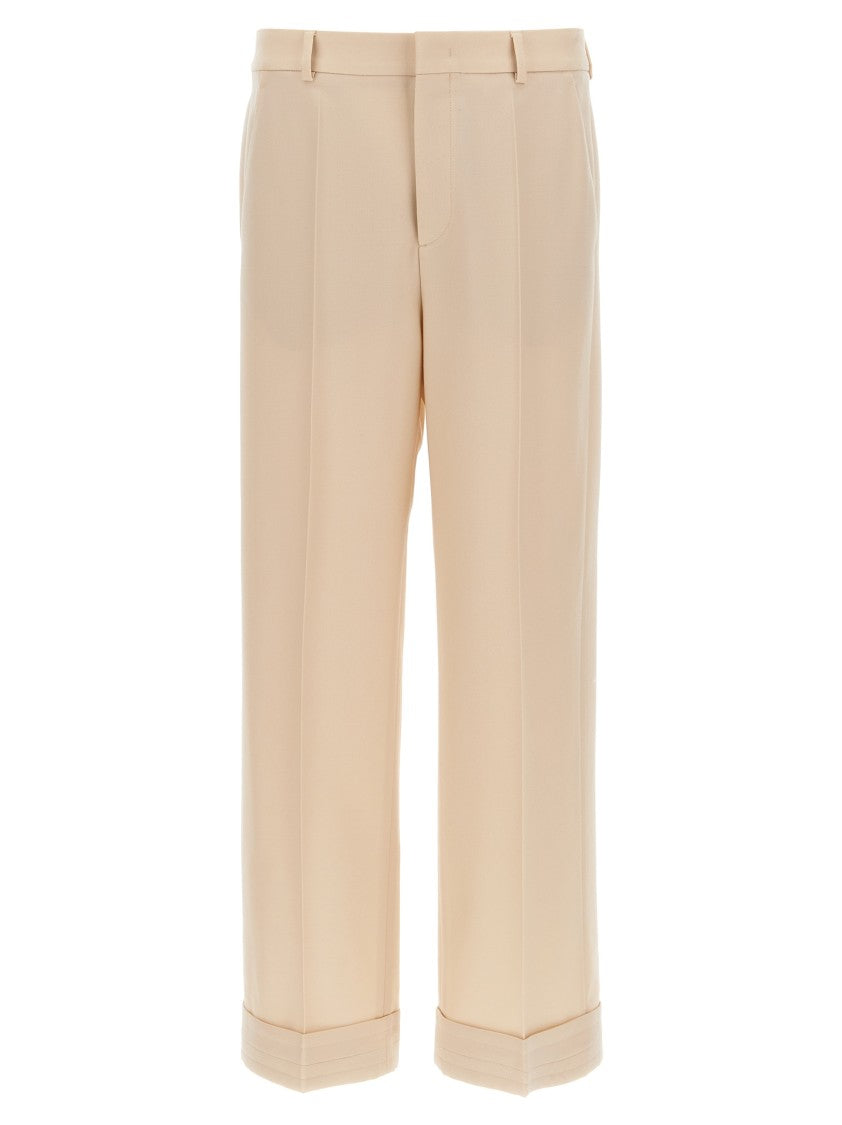 Valentino Garavani Wide Leg Wool Trousers With Turn-Up Hem