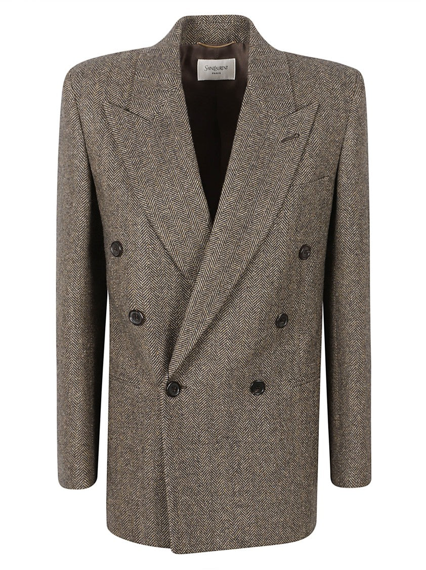 Saint Laurent Double-Breasted Herringbone Wool Blazer