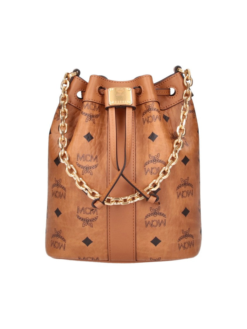 Mcm Brown Dessau Visetos Monogram Drawstring Bucket Bag
