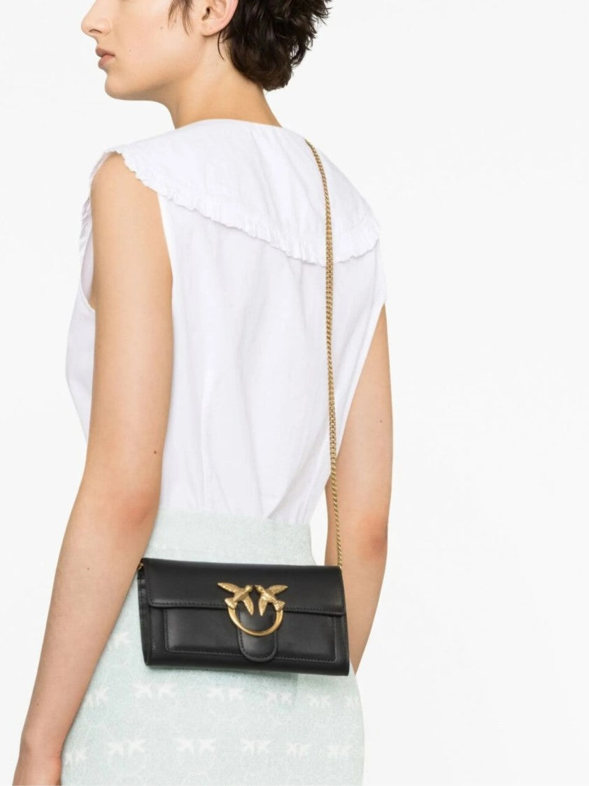 Pinko Structured Black Shoulder Bag With Gold-Tone Bird Clasp