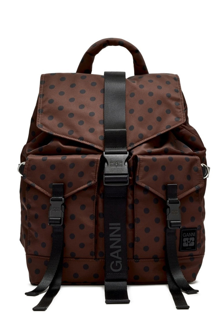 Ganni Brown Polka Dot Flap Hook Recycled Polyamide Backpack
