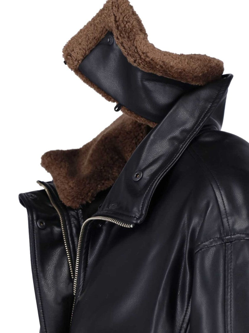 Low Classic Black Detachable Faux Fur Collar Faux Leather Bomber Jacket