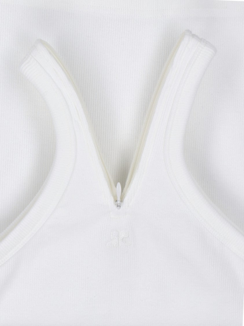Courrèges Logo Top In White Stretch Cotton Ribbed Knit