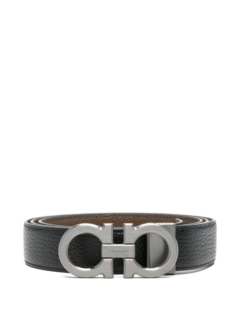 Ferragamo Black Textured Silver Double Gancini Belt