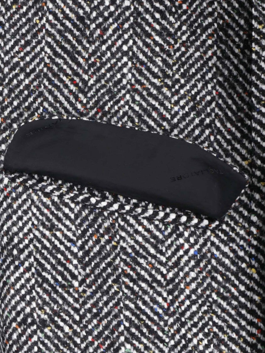 Tagliatore Double-Breasted Black Herringbone Coat With Pointed Lapel