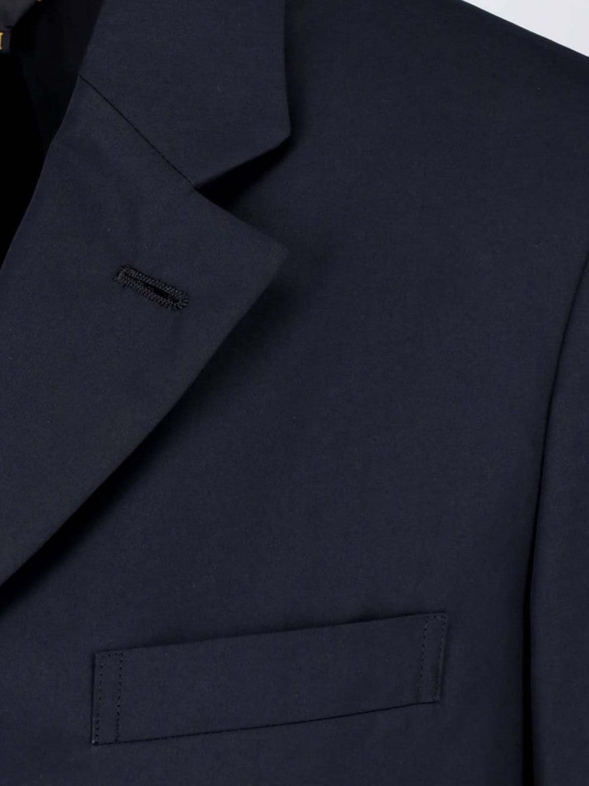 Comme Des Garçons Long Black Blazer With Ruffled Accents And Classic Lapel