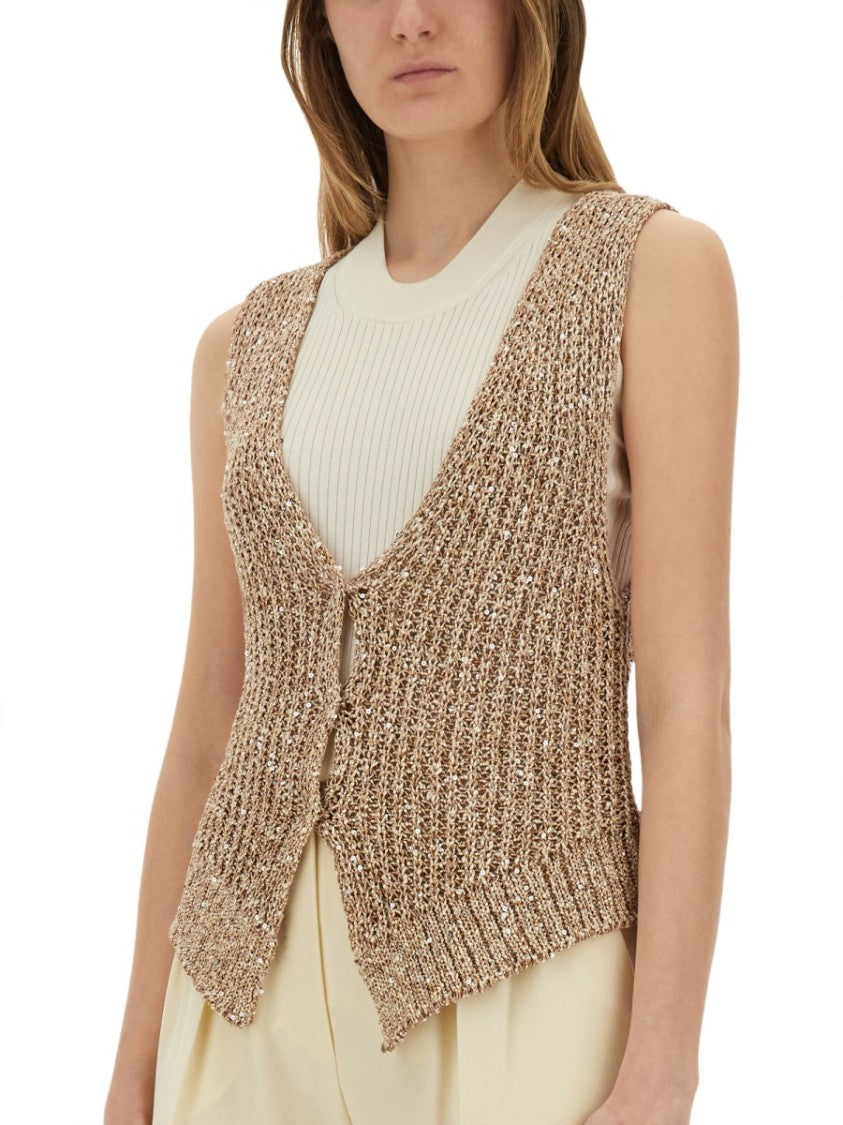 Alysi Sequined Knit Vest With Deep V-Neck