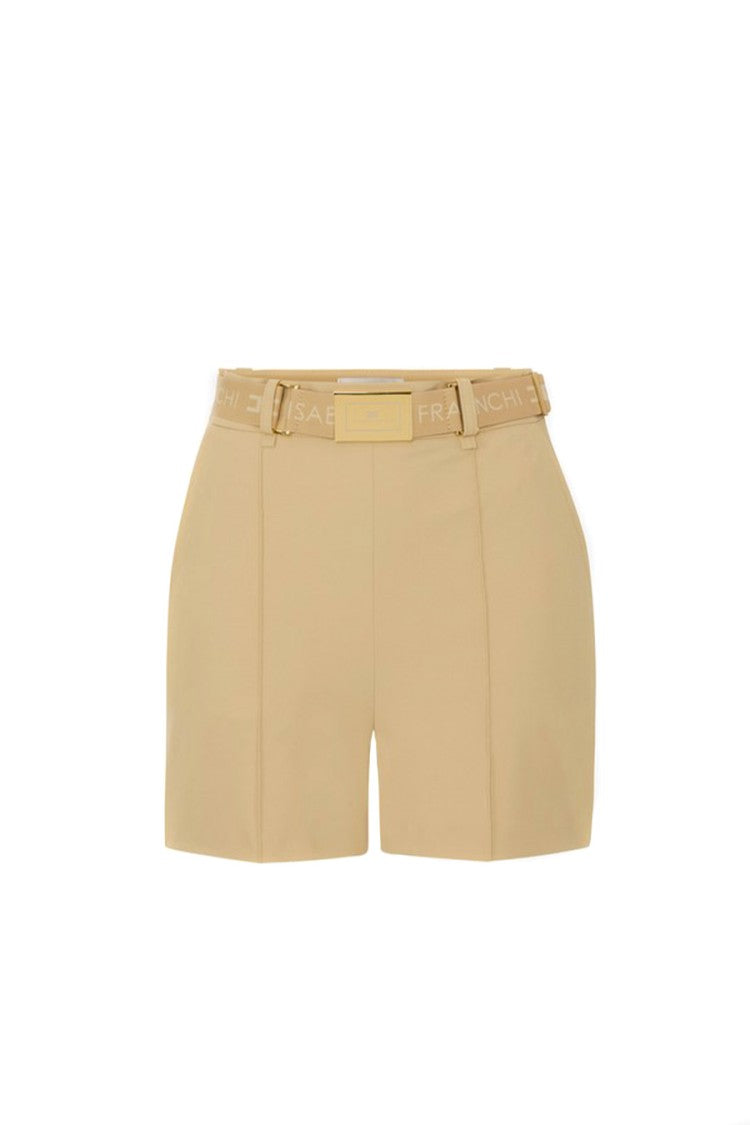 Elisabetta Franchi Camel Gold-Buckle Logo Belt Polyamide-Blend Shorts