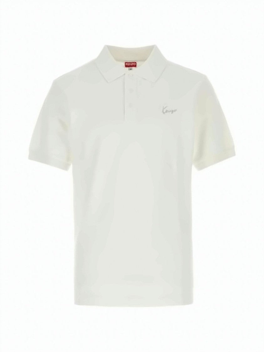 Kenzo Signature Embroidered White Cotton Polo Shirt