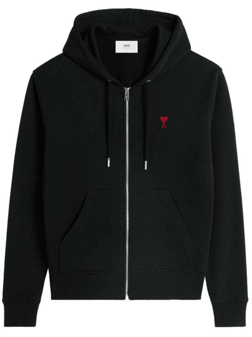 Ami Front-Zip Black Cotton Sweatshirt With Hood