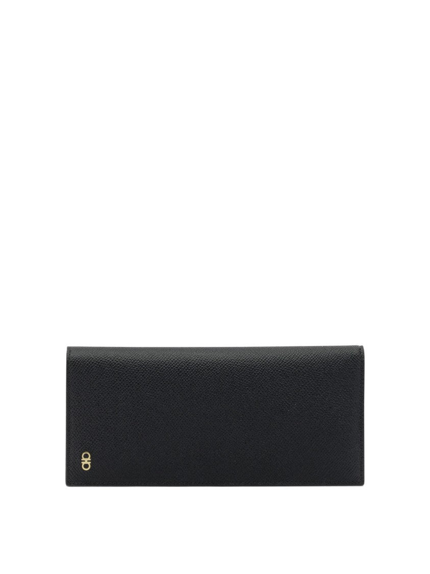 Ferragamo Textured Leather Wallet With Zippered Compartment And Gold Accents