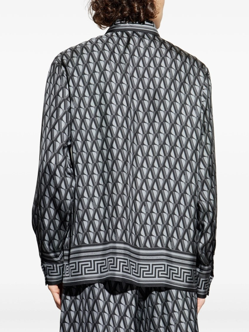 Versace Blue Geometric Greek Key Silk Shirt