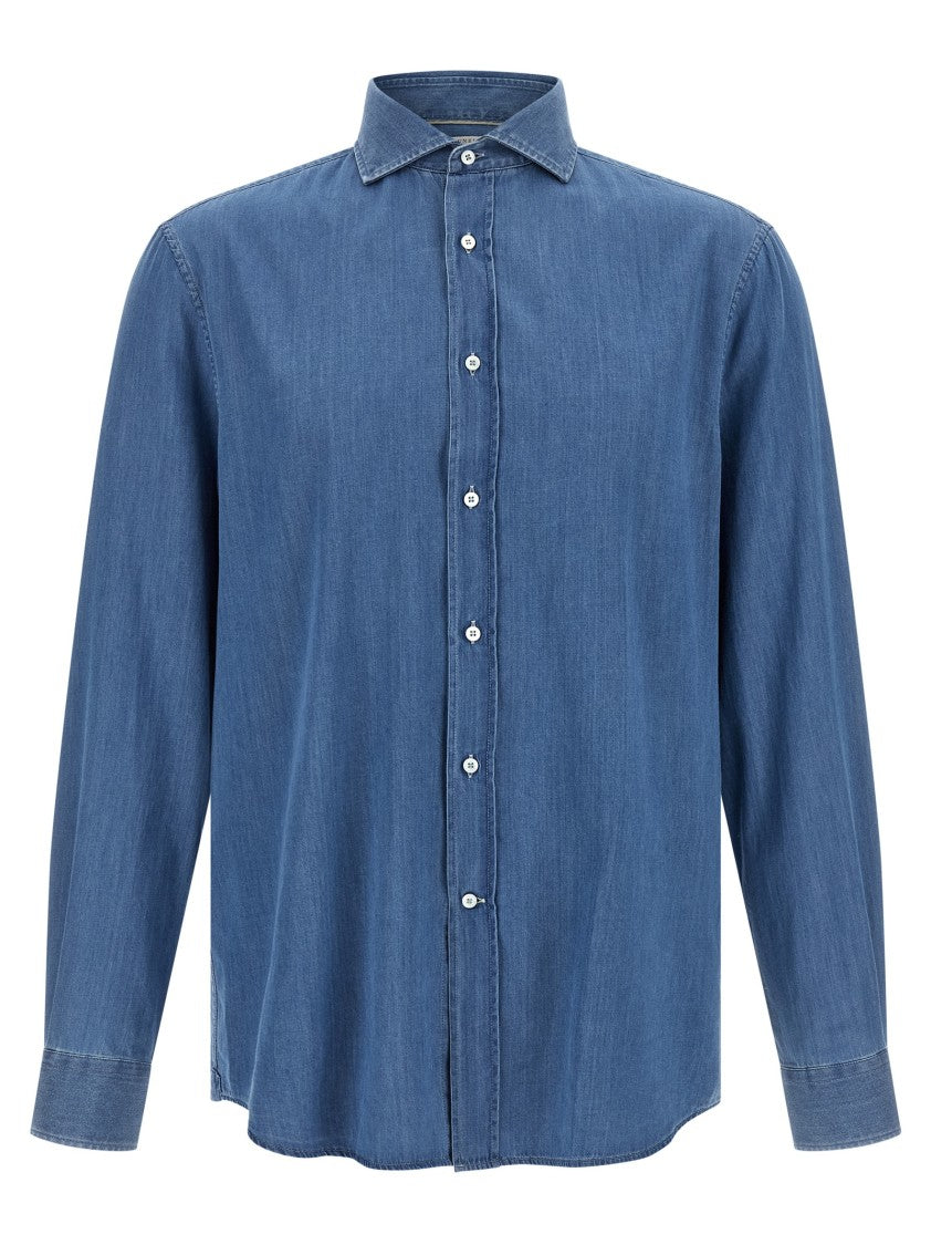 Brunello Cucinelli Light Blue Cotton Denim Shirt With Classic Collar