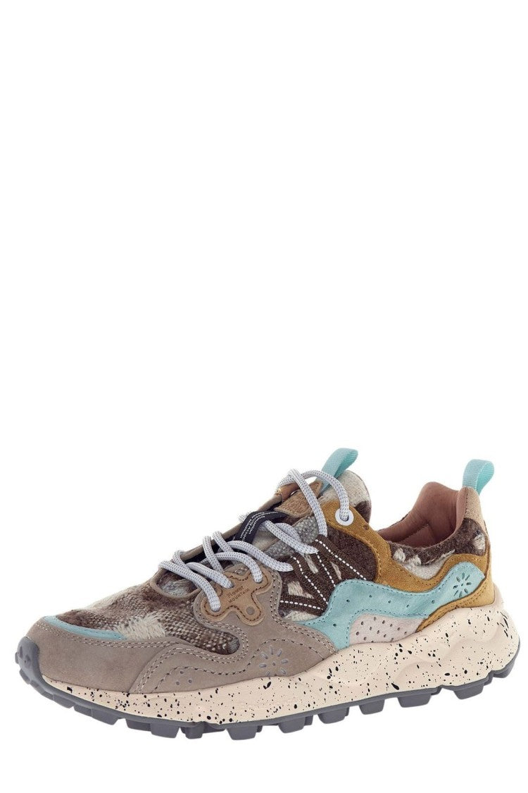 Flower Mountain Checkered Beige Sneakers With Suede Accents