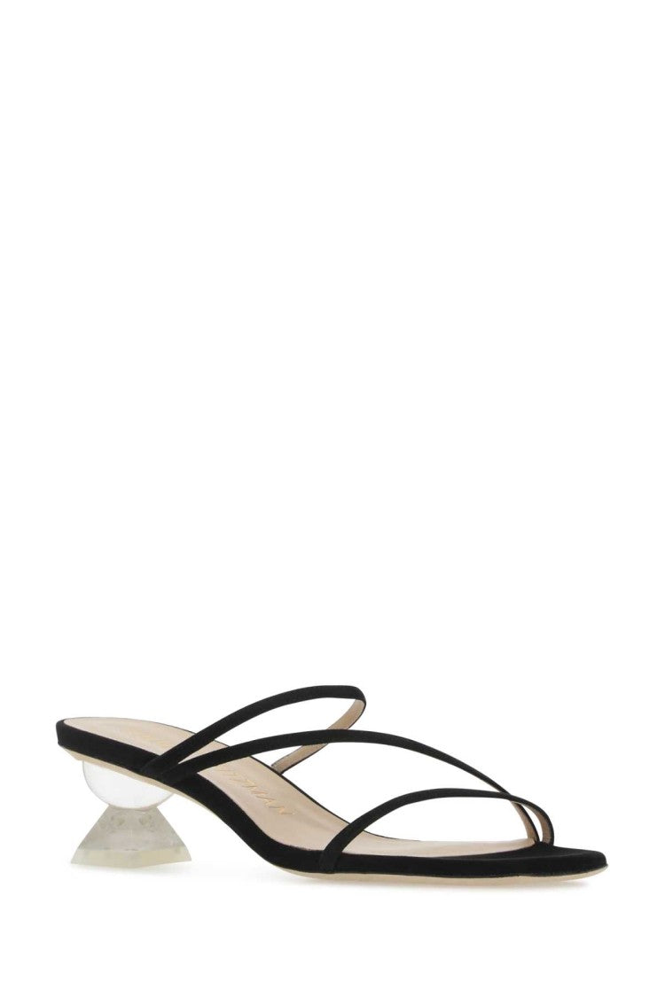 Stuart Weitzman Black Suede Lucite Sculpt Mules