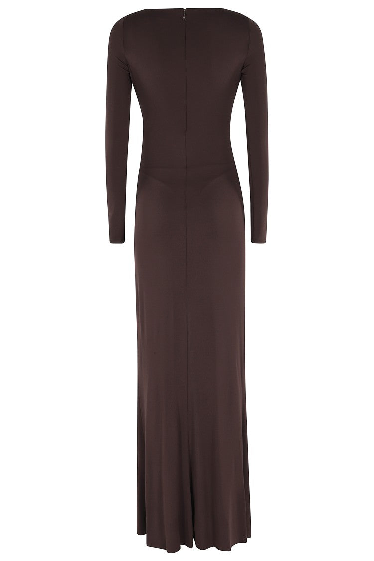 Elisabetta Franchi Brown Long V-Neck Side-Jewel Viscose Evening Dress