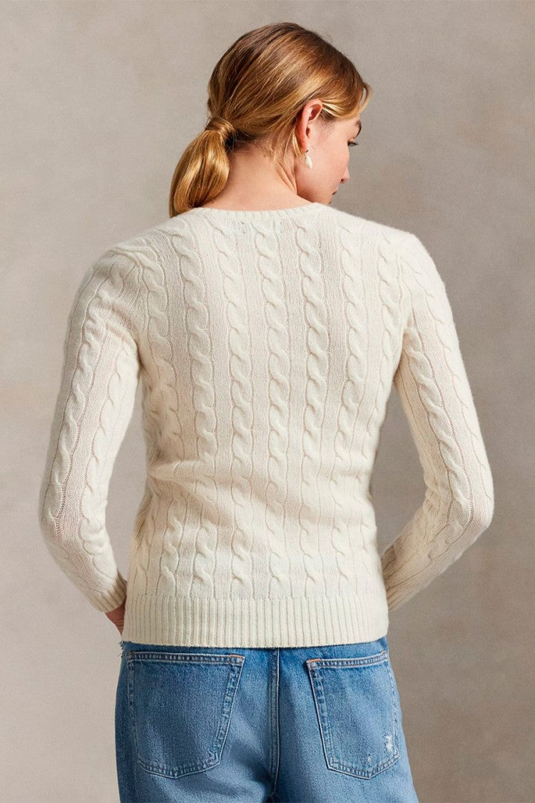 Polo Ralph Lauren Cream Wool-Cashmere Blend V-Neck Cable-Knit Sweater