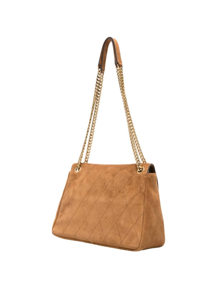 Tory Burch Charlie Quilted Metallic Logo Suede Shoulder Bag